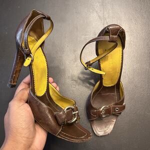 Vintage PRADA Dark Brown Leather Ankle Strap Peep-toe Heels Women's 37.5